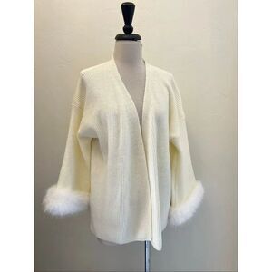 Sierra Darien Women's Ribbed Faux Fur Open-Front Cardigan Sweater Cream XS NWT